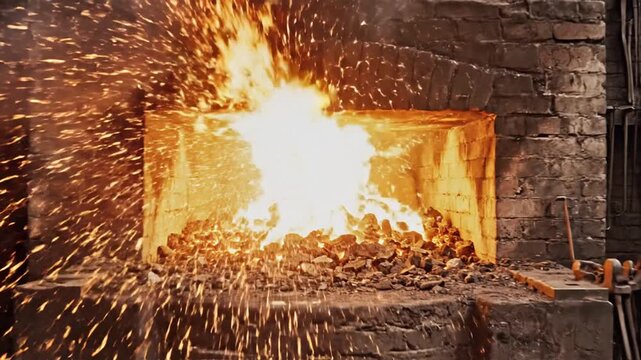 A blacksmith's forge in action, showcasing a roaring flame as metal is heated, with tools and an anvil visible in the background, emphasizing traditional craftsmanship
