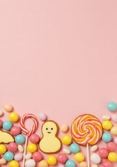 A vibrant, colorful assortment of springtime candy treats arranged artfully against a cheerful pastel background, suggesting seasonal delight ,eggs ,celebration ,bunnies