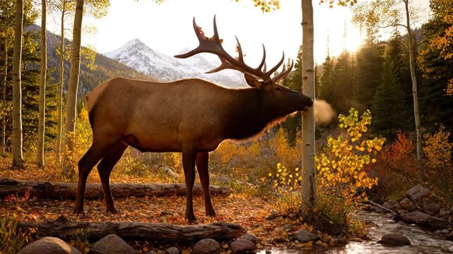 Majestic bull elk bugling in autumn landscape near a flowing stream with vibrant colorful foliage and snow-capped mountains