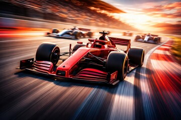 Obraz premium Red Formula One Car Racing on Track at Sunset with Speed and Motion