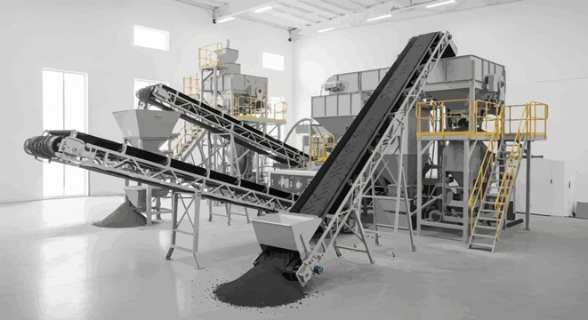 Modern industrial facility with multiple conveyor belts and processing machinery for material handling.