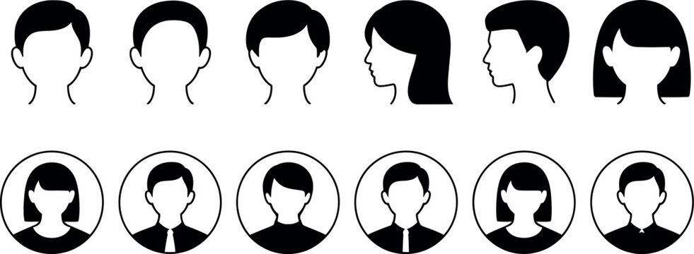 Diverse Collection of Simple Silhouette Male and Female Avatars in Front and Side Profile Views