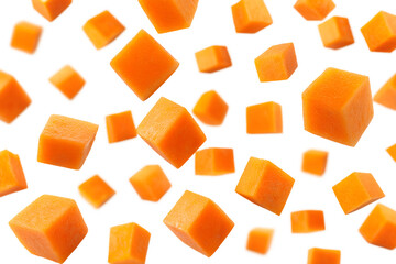 Papaya cubes scattered isolated on transparent background