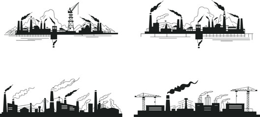 Industrial factory landscape, pollution, smokestacks, urban development, environmental impact, silhouette illustration, cranes, power lines, black and white, vector art