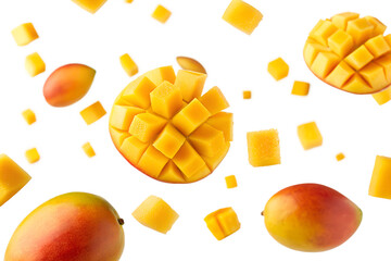 Mango slices and cubes scattered isolated on transparent background