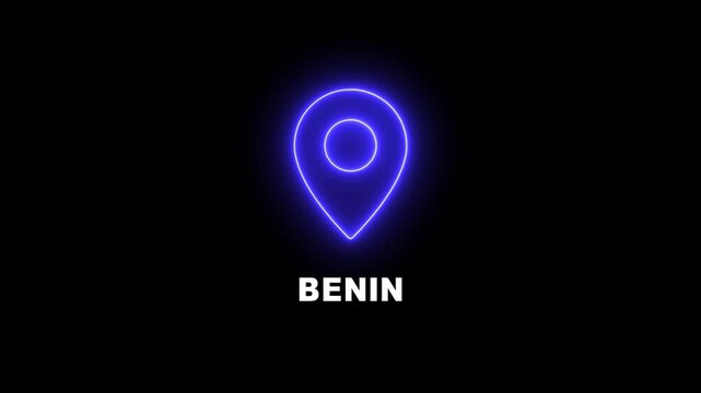 Benin is looping Location Pins over the country, Digital Screen, black background 4K Resolution video. Glowing Benin text up down Location Pins alpha channel Location Pins animation.