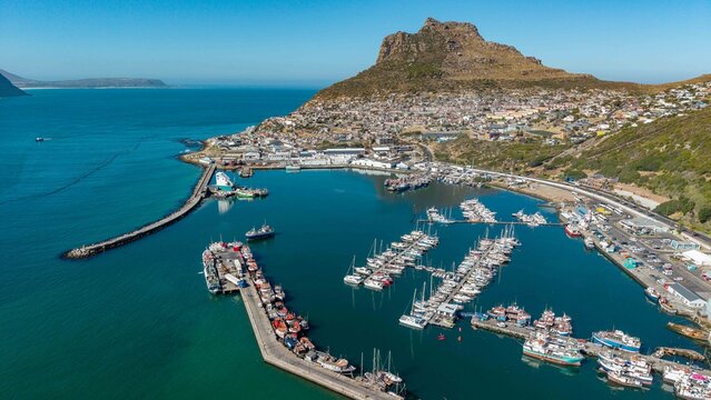 Aerial view of the bustling harbor with ships, boats, and a dramatic mountain backdrop creating a symphony of blues and greens, Cape Town, Western Cape, South Africa.
