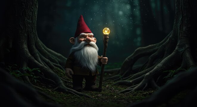 An older fantasy dwarf gnome with a long white beard stands guard among the roots in a deep, dark, mystical forest setting ,mythological ,earthy ,aged