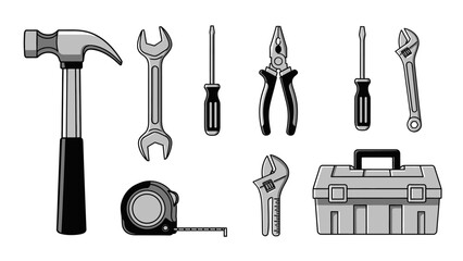 Fototapeta premium Hand tools and home repair set, collection of hammer, wrench, screwdriver, pliers, and toolbox icons.