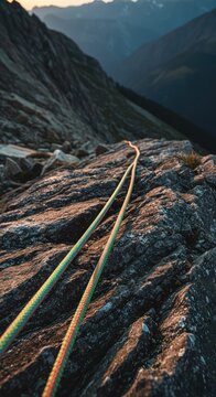 Brightly colored nylon climbing rope stretched tightly across rugged mountain terrain, symbolizing safety, ascent, challenge, and the final push toward the peak ,rope ,journey ,adventure