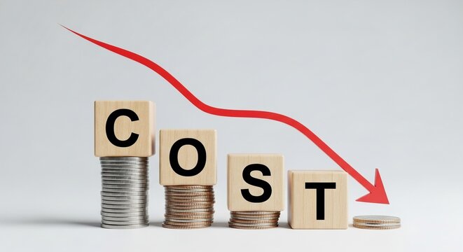 Wooden blocks spelling cost rest upon decreasing stacks of silver coins illustrating a sharp financial reduction trend with a prominent red downward arrow