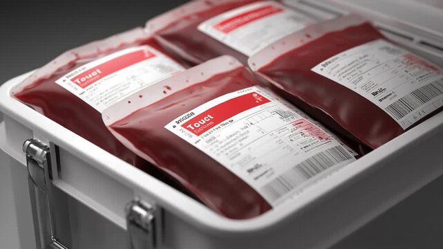 Medical blood bags with red plasma stored in white transport cooler box. Healthcare emergency donation concept with plastic packs prepared for transfusion in hospital laboratory
