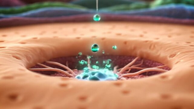 Microscopic view of a needle injecting medicine into the skin showing the inner layers and veins