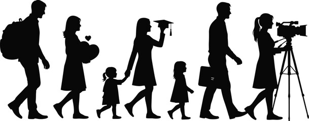 Fototapeta premium Human life stages silhouettes from childhood to adulthood, isolated on white background, representing personal growth, education, career development, family life, and modern lifestyle journey concept