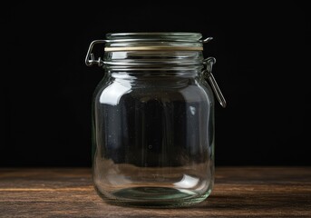Detailed close up shot of an antique glass canning jar with a rustic metal lid sitting on an old surface, perfect for storage display ,kitchen ,food ,stoneware