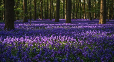 Dense purple and blue flowers forming a vast, natural carpet on the shaded woodland floor, highlighting the beauty of springtime flora ,meadow ,natural light ,outdoors
