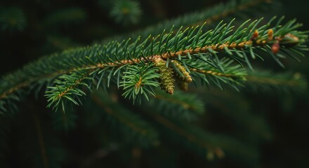Detailed close up view of vibrant green pine needles clustered on a branch in a vast evergreen forest wilderness area ,wild ,emerald ,green