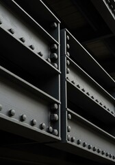 Detailed industrial background showing interlocking, massive steel beams and bolts, emphasizing durability, structural integrity, and robust material strength ,massive ,construction ,industrial