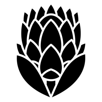 Protea flower vector icon. Black silhouette of King Protea blossom isolated on white background. Stylized botanical illustration of South African national flower.
