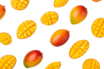 Scattered mango halves and slices isolated on transparent background