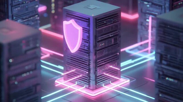 Isometric server room interior with glowing security shield icon protecting data. 3D rendered concept of cybersecurity, cloud storage defense, and digital firewall technology in futuristic data center