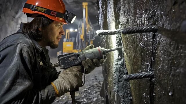 Medium shot focusing on the detailed application of resin mixed with bolts to create a strong bond within rock fractures in underground mining