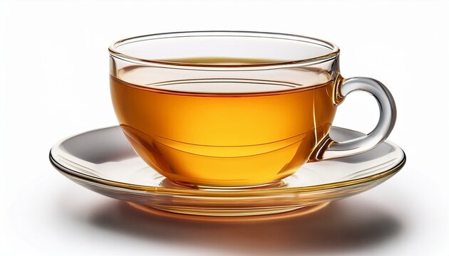 a clear glass cup of golden tea sits on a matching saucer isolated on white background ready to be enjoyed