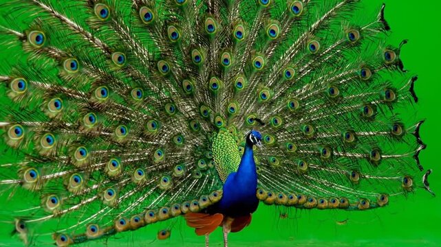 Majestic Peacock Displaying Its Vibrant Tail Feathers Against a Green Background.