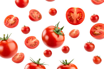 Fresh tomatoes and slices scattered isolated on transparent background