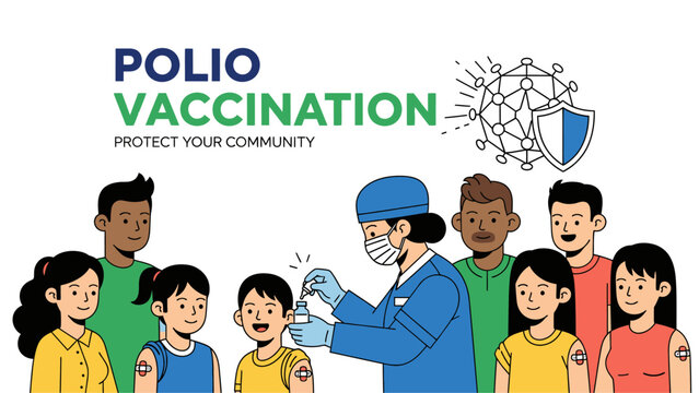 Polio vaccination campaign poster with medical worker and children illustration, public health and immunization concept