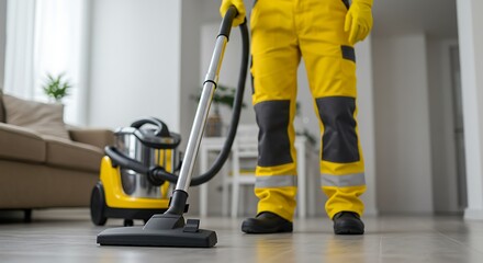 Professional cleaner in yellow protective uniform vacuuming floor in modern living room, ideal for promoting cleaning services and home maintenance solutions