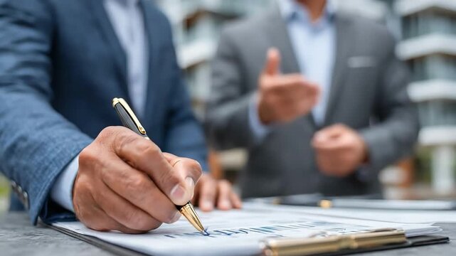 Close up of businessman hand signing contract document outdoors with blurred partner in background. Corporate deal concept of real estate agent and client finalizing agreement near modern building