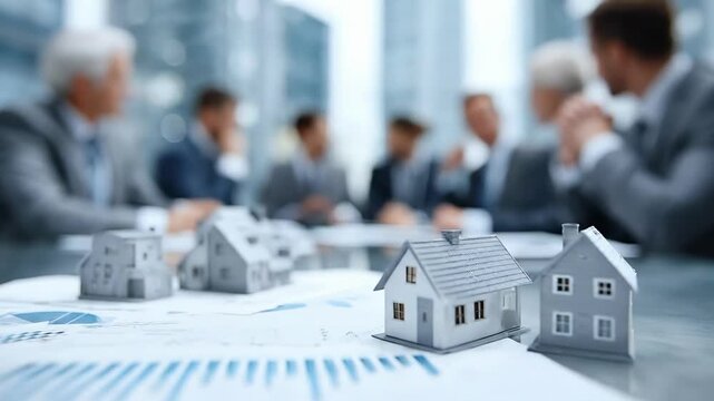 Miniature toy house models on financial charts and graphs during business meeting. Real estate investment concept with blurred people background discussing property market trends and mortgage rates