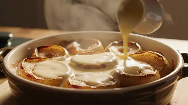 Delicious Baked Apples with Creamy Sauce Being Poured on Top.
