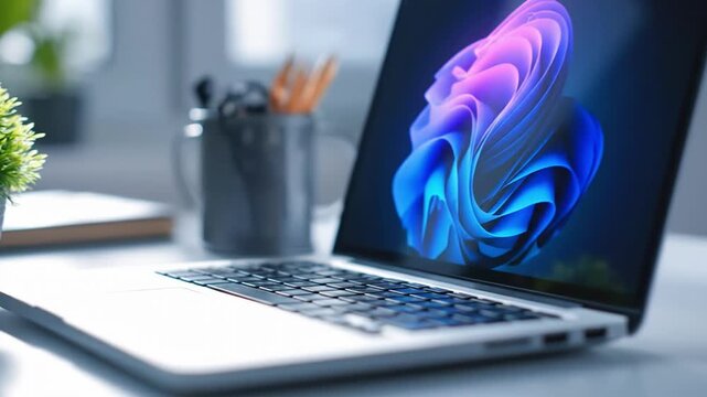 Modern home office workspace with laptop computer, green potted plant and stationery on white desk. Minimalist business workplace still life with blurred background and copy space for design