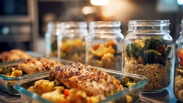 Meal prep concept with healthy food in glass containers for the week. Baked chicken breast, quinoa, broccoli and roasted vegetables packed in jars on kitchen counter
