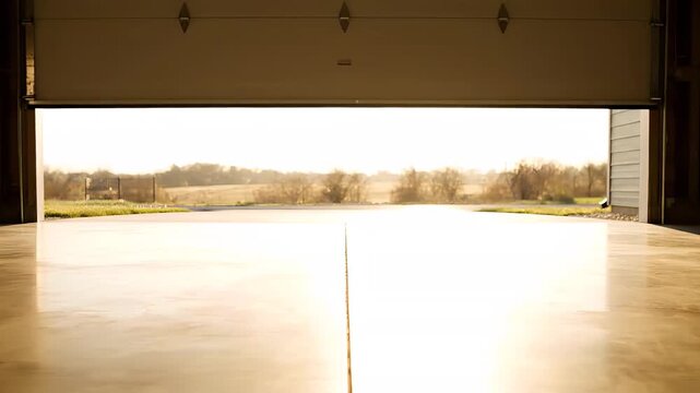 A garage door slowly opens to reveal a bright, sunlit world outside, symbolizing new beginnings and opportunities.