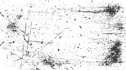 Black ink splatters and scratches on a white textured background grunge