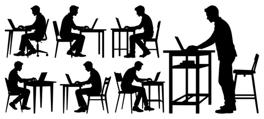 Fototapeta premium Men Working on Laptop at Desk in Sitting and Standing Positions Set, Transparent Background