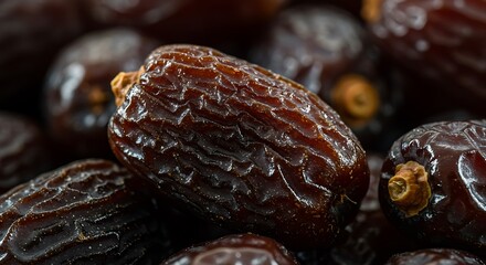 Close-up of glossy dried dates with rich texture, ideal for promoting healthy snacks, natural sweeteners, and traditional culinary ingredients
