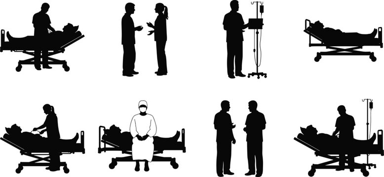Silhouette illustrations of hospital scenes showing medical professionals and patients in various healthcare interactions, ideal for medical, hospital, and healthcare-themed vector content.