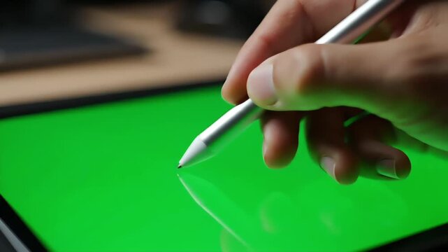 Close-up of a hand holding a stylus over a green screen on a tablet with a shallow depth of field on a wooden desk.