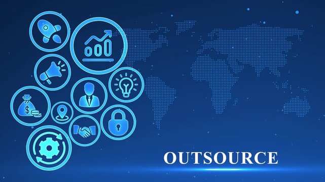 Global Business Outsourcing Concept with Digital Icons and World Map on Blue Background outsource