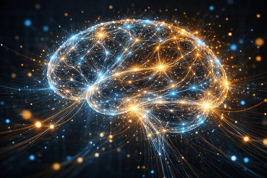 Futuristic Artificial Intelligence Brain with Glowing Optical Fibers and Data Connections - Digital Mind Concept.