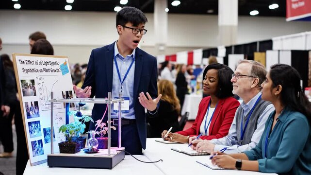 Young Scientist Explains Science Project to Judges at Conference.