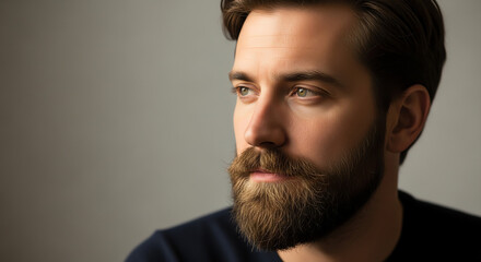 Obraz premium Young man with beard looking thoughtfully in soft light 