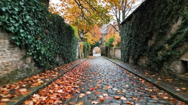A picturesque autumn scene showcasing a narrow path lined with vibrant orange and yellow leaves, flanked by lush greenery, leading to an archway in a quaint village