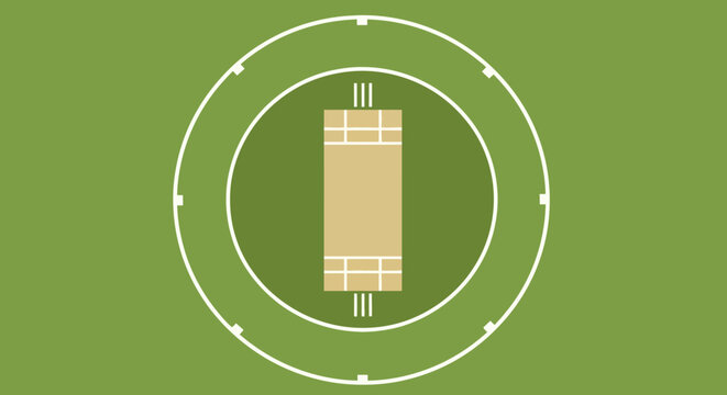 Cricket pitch illustration viewed from directly above on a green cricket field with white markings