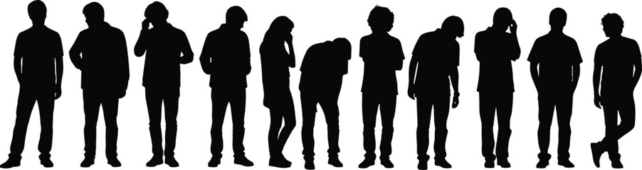 Casual people silhouette illustration, black vector group of standing men in relaxed poses for lifestyle, urban crowd, character design, infographic use