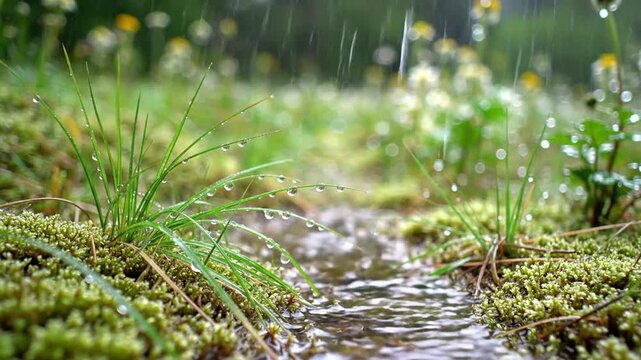 Rainy Day in a Lush Green Meadow with Wildflowers and Moss.